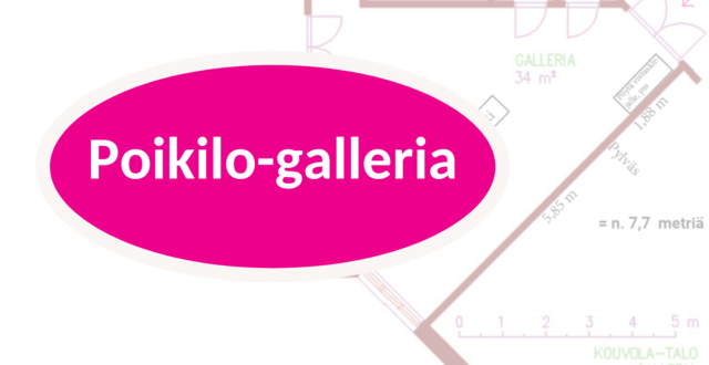 Poikilo-gallerian pohjakuva himmeänä. Päällä Poikilo-galleria teksti pinkissä soikiossa.