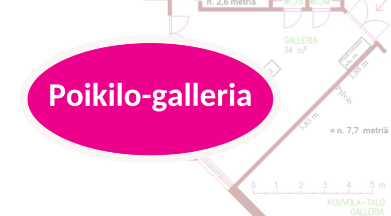 Poikilo-gallerian pohjakuva himmeänä. Päällä Poikilo-galleria teksti pinkissä soikiossa.