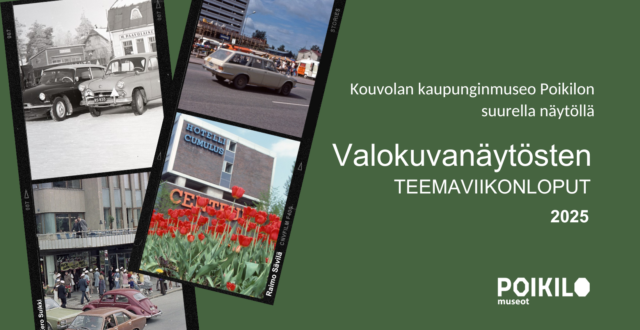 Vihreällä pohjalla valokuvia Kouvolasta.